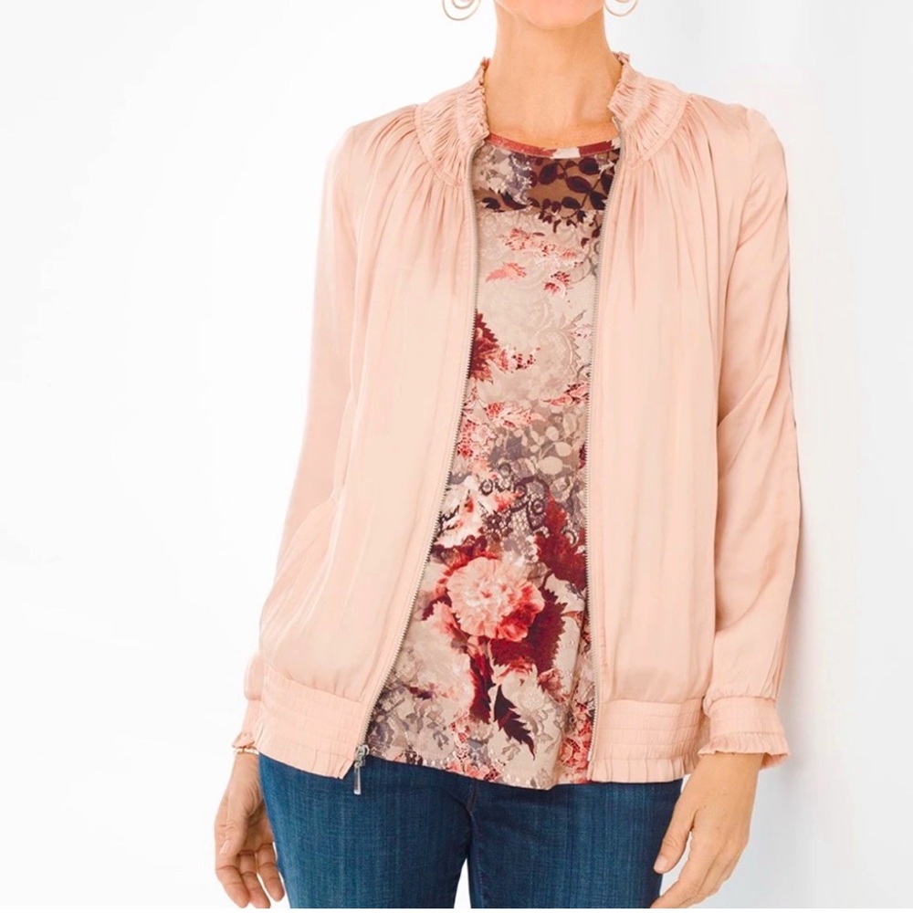 NWT Chico’s Shirred Satin Bomber Jacket